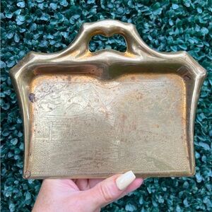 Vintage brass dust pan, etched art